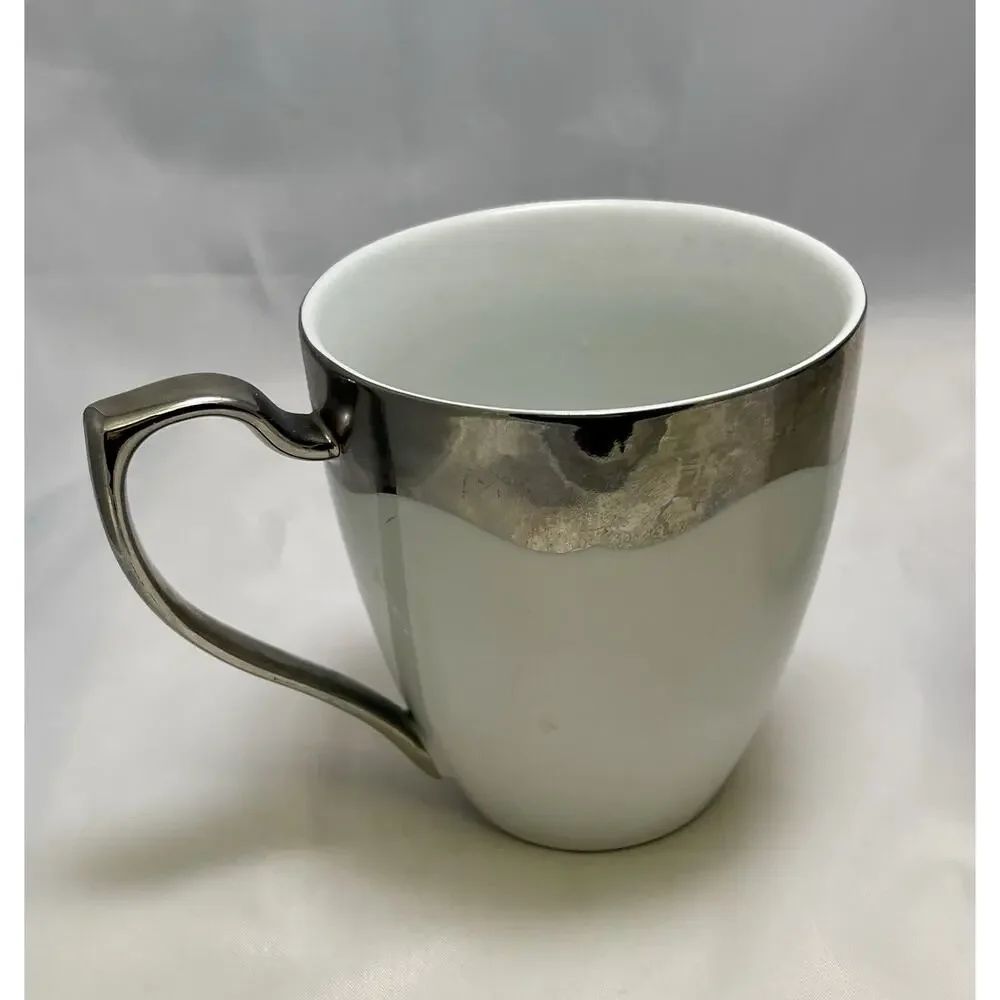 Nicole Miller White Porcelain Silver Metallic Coffee Tea Mugs X2